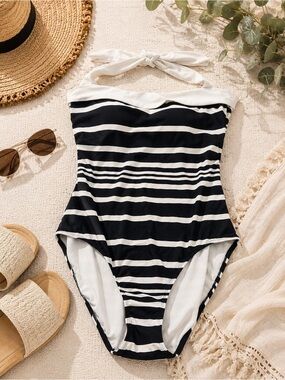 Ralph Lauren Black and White Striped Halter One-Piece Swimsuit Size 14 EUC